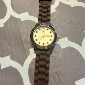 Gold Dial Brown Silicone Strap Watch with Crystal Markers